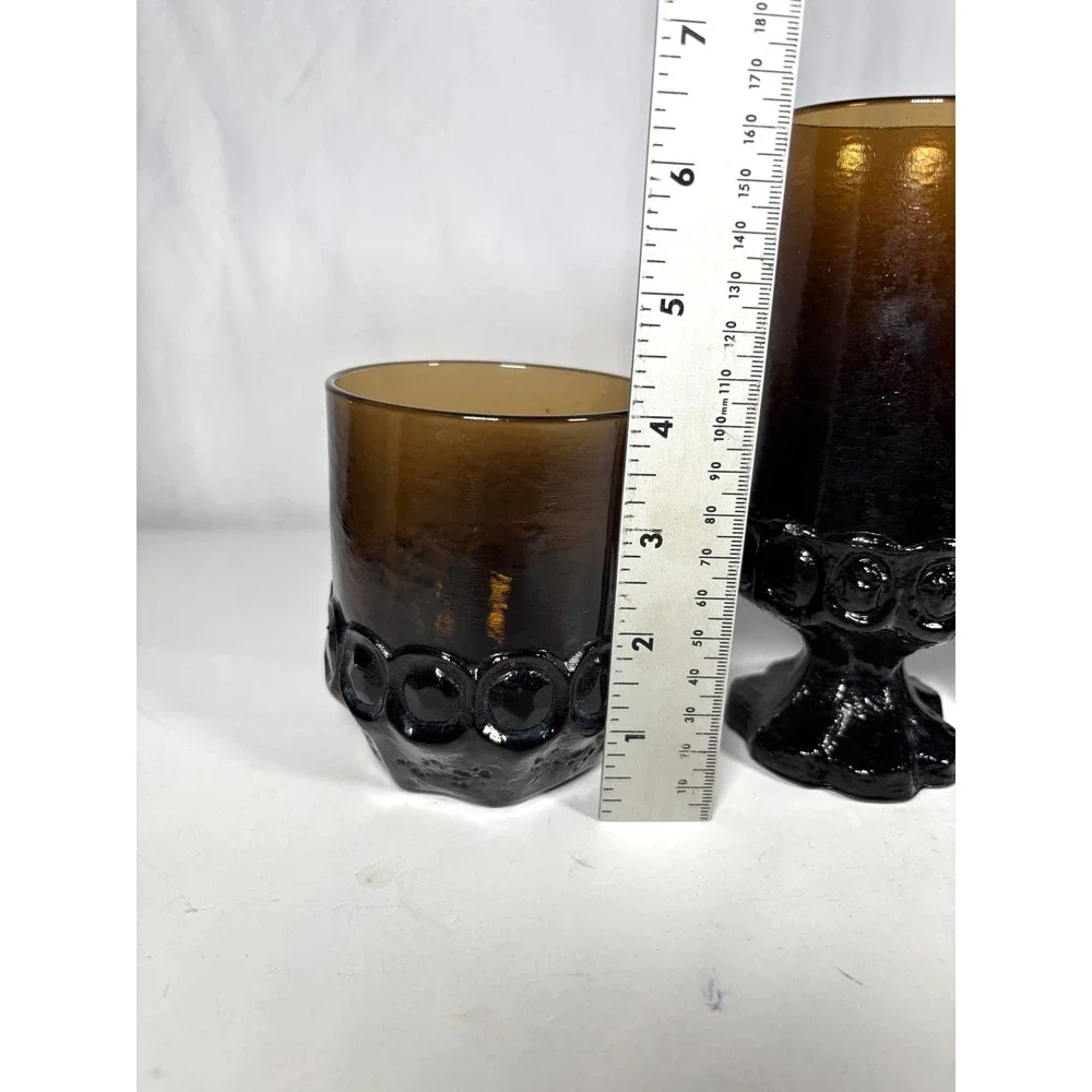 Vintage Indiana Glass Kings Crown Amber Goblets Tumblers Set Mid Century 4 Pc
